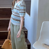 Sky Blue Meadow Stripe Knit Polo Top