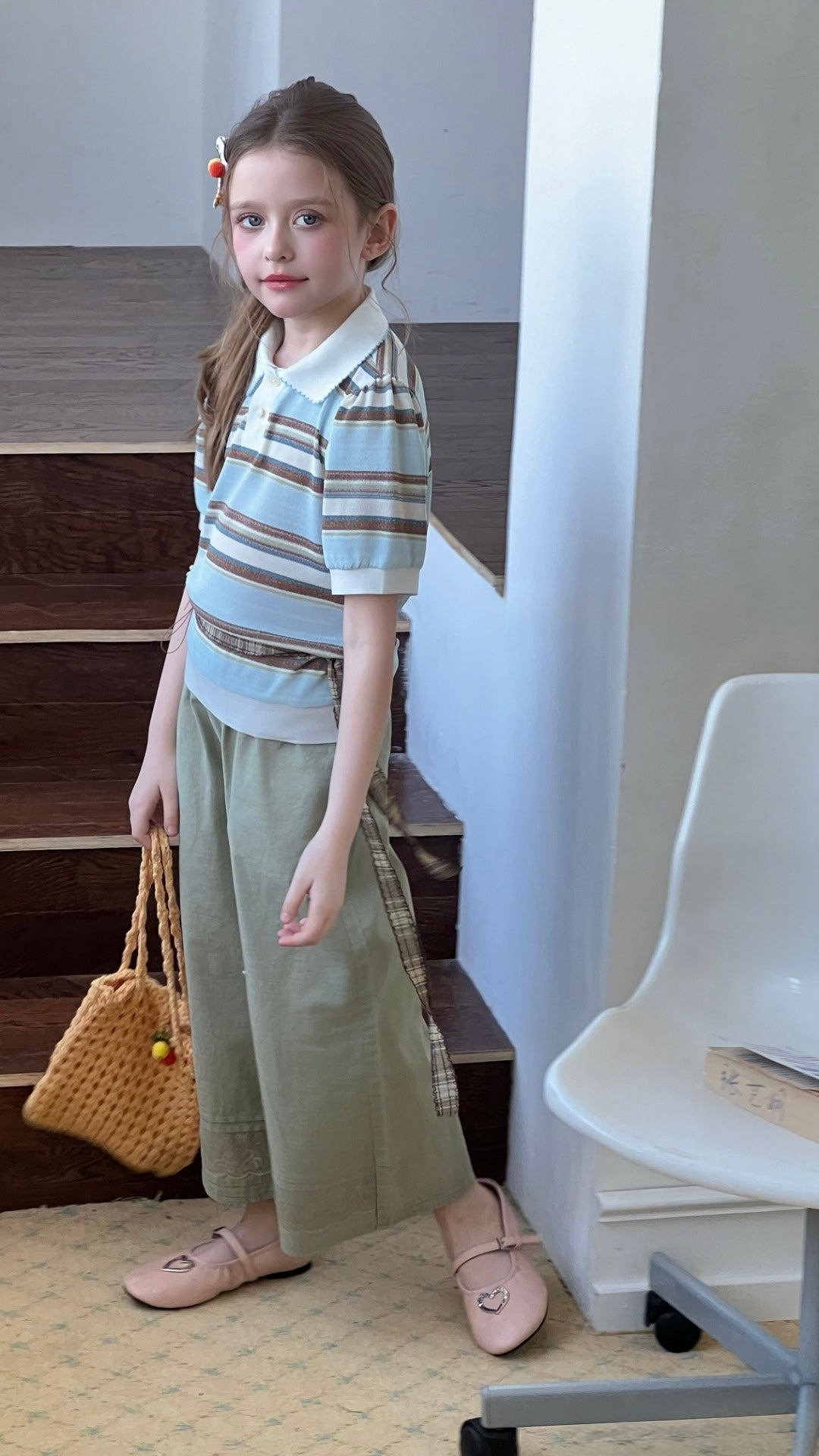 Sky Blue Meadow Stripe Knit Polo Top