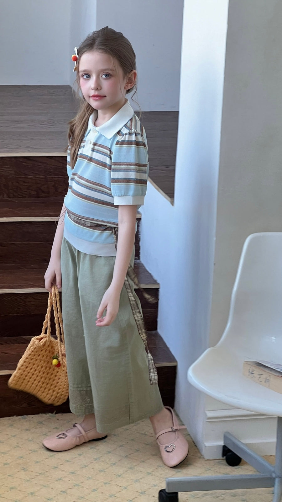 Sky Blue Meadow Stripe Knit Polo Top