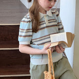 Sky Blue Meadow Stripe Knit Polo Top