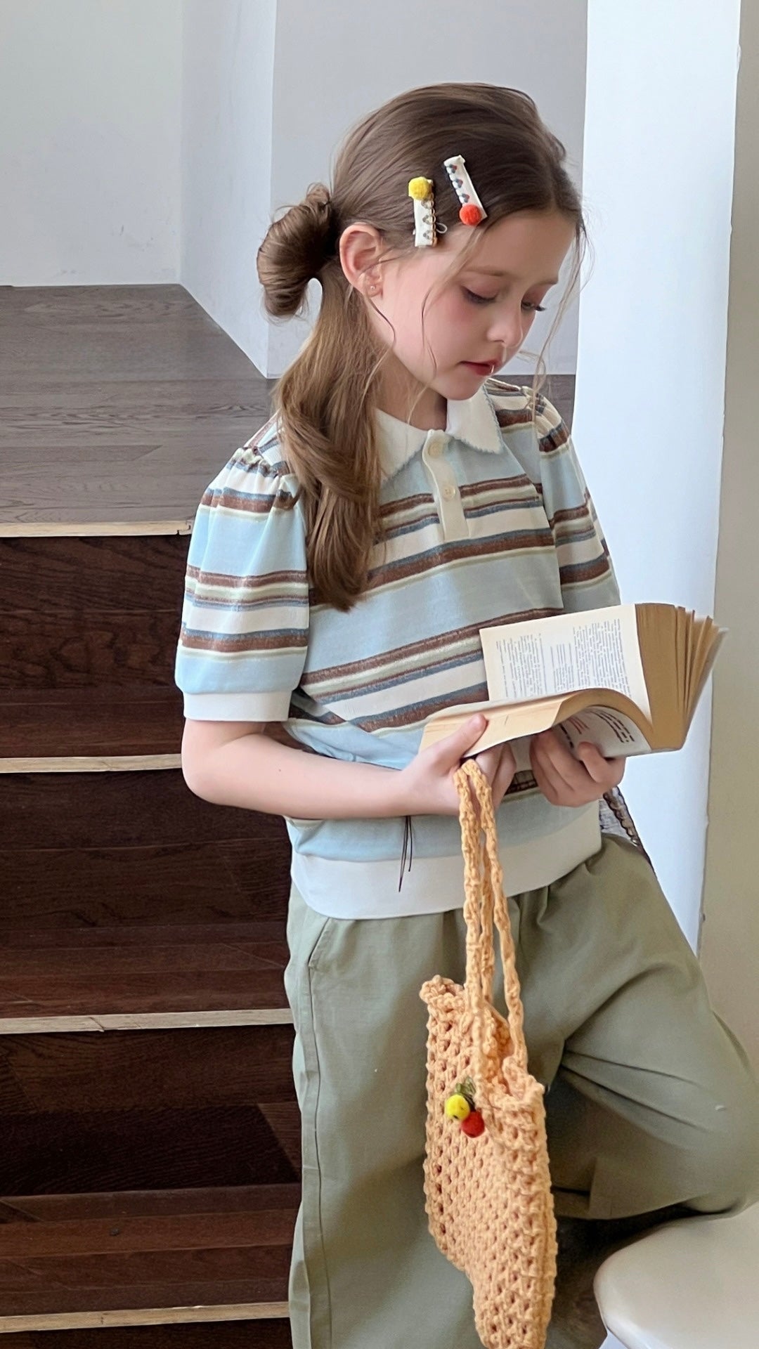 Sky Blue Meadow Stripe Knit Polo Top