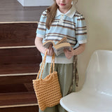 Sky Blue Meadow Stripe Knit Polo Top