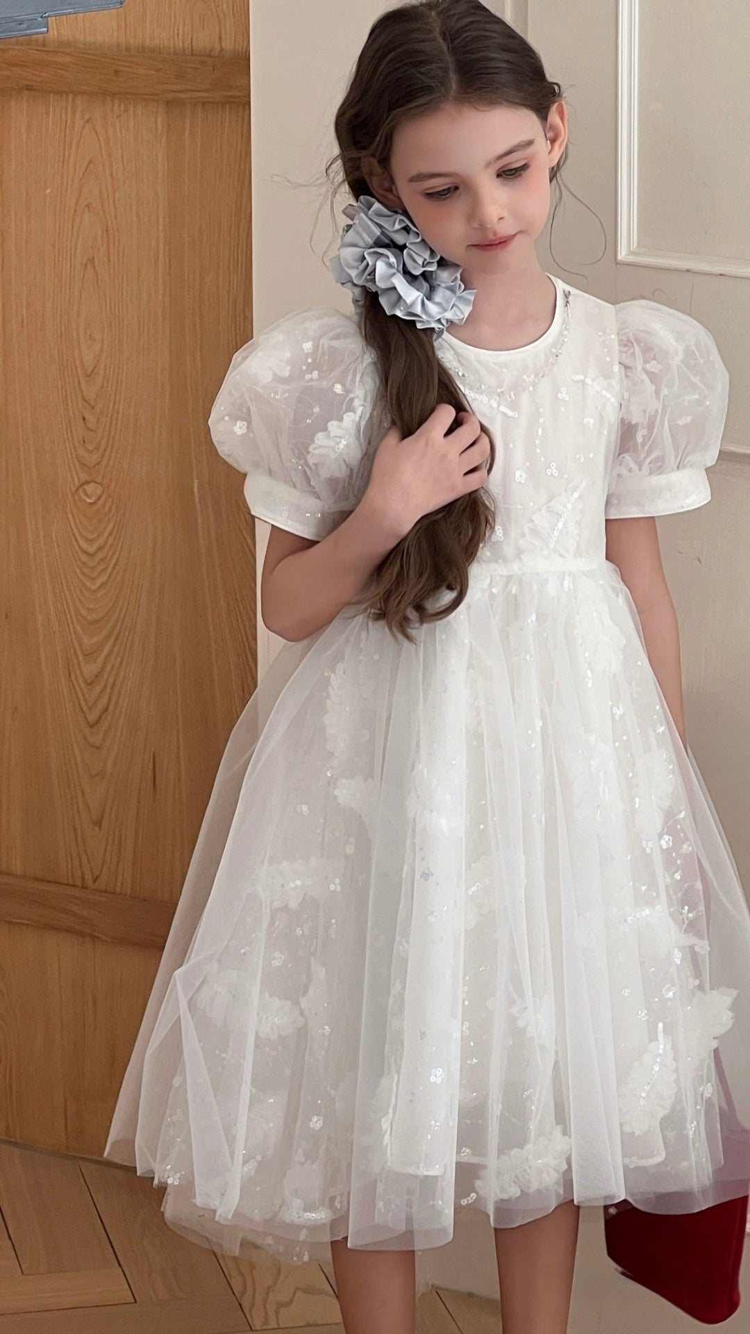 Girls White Layered Tulle Dress, Feather Bloom