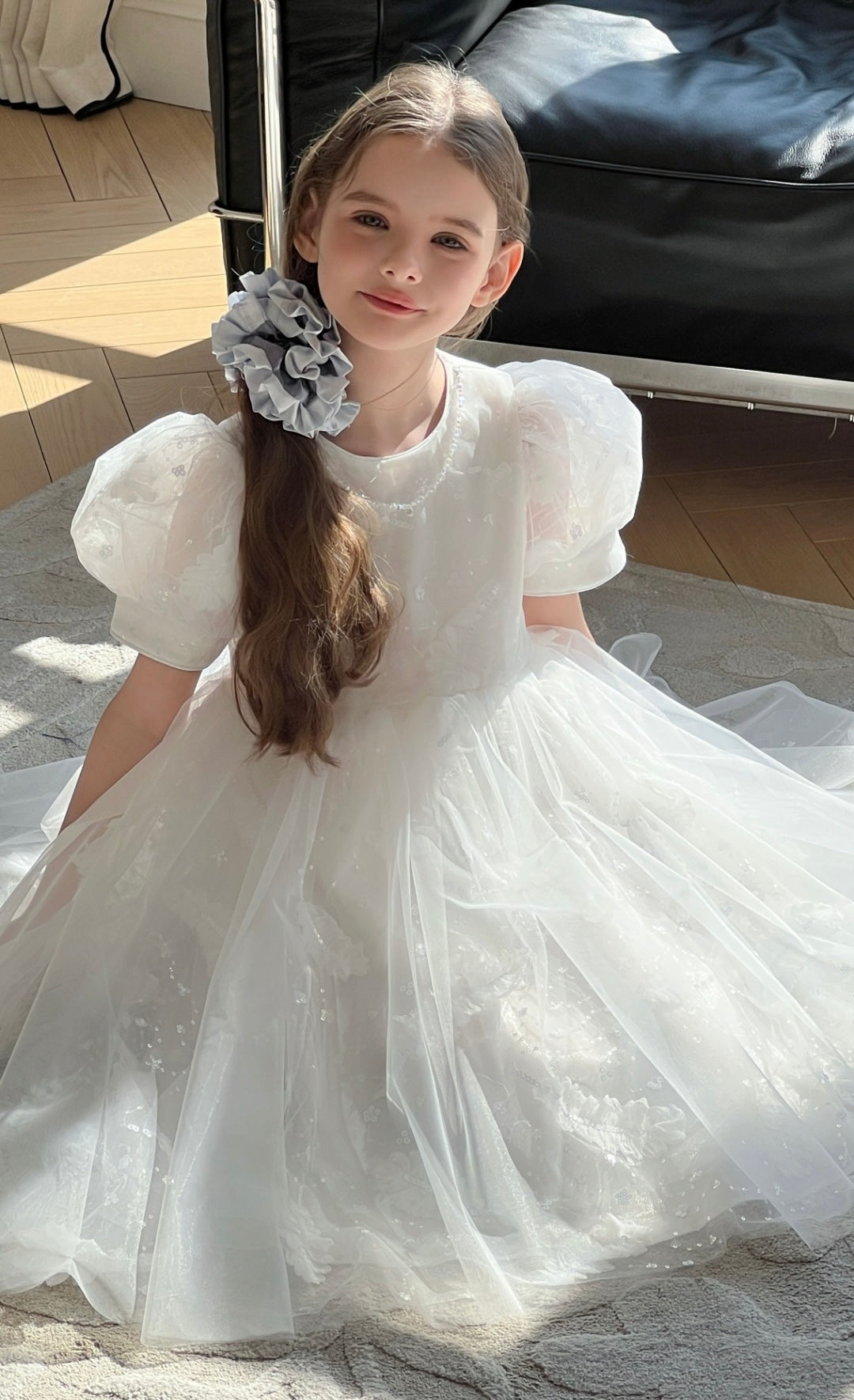 Girls White Layered Tulle Dress, Feather Bloom