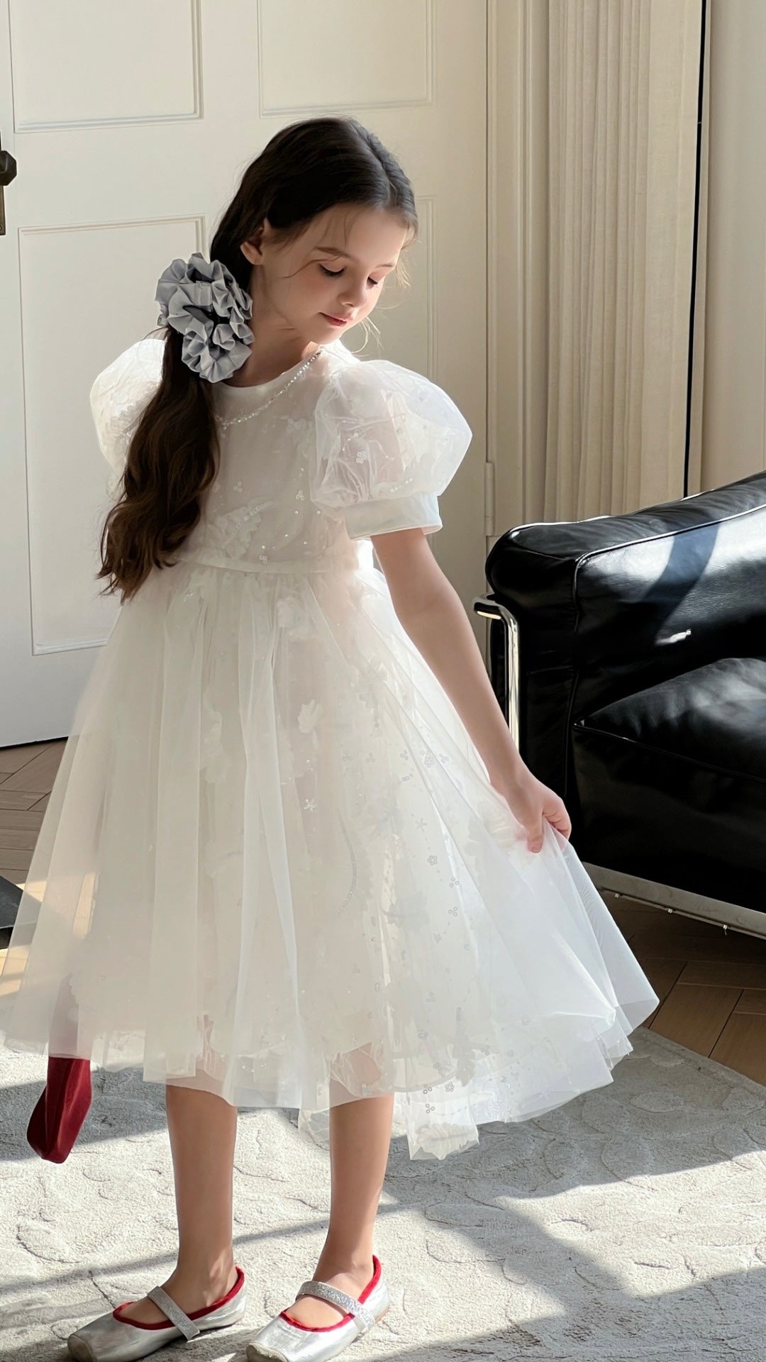 Girls White Layered Tulle Dress, Feather Bloom