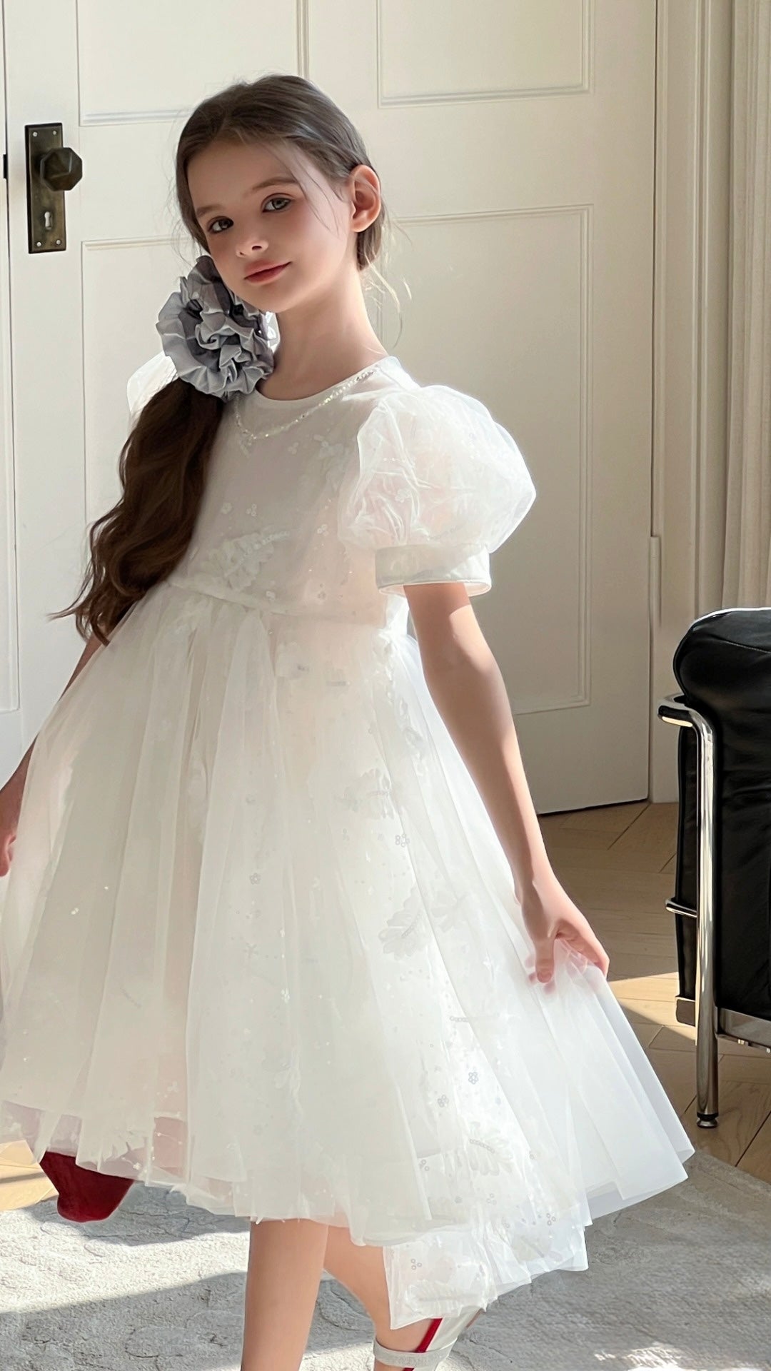Feather Bloom Layered Tulle Dress
