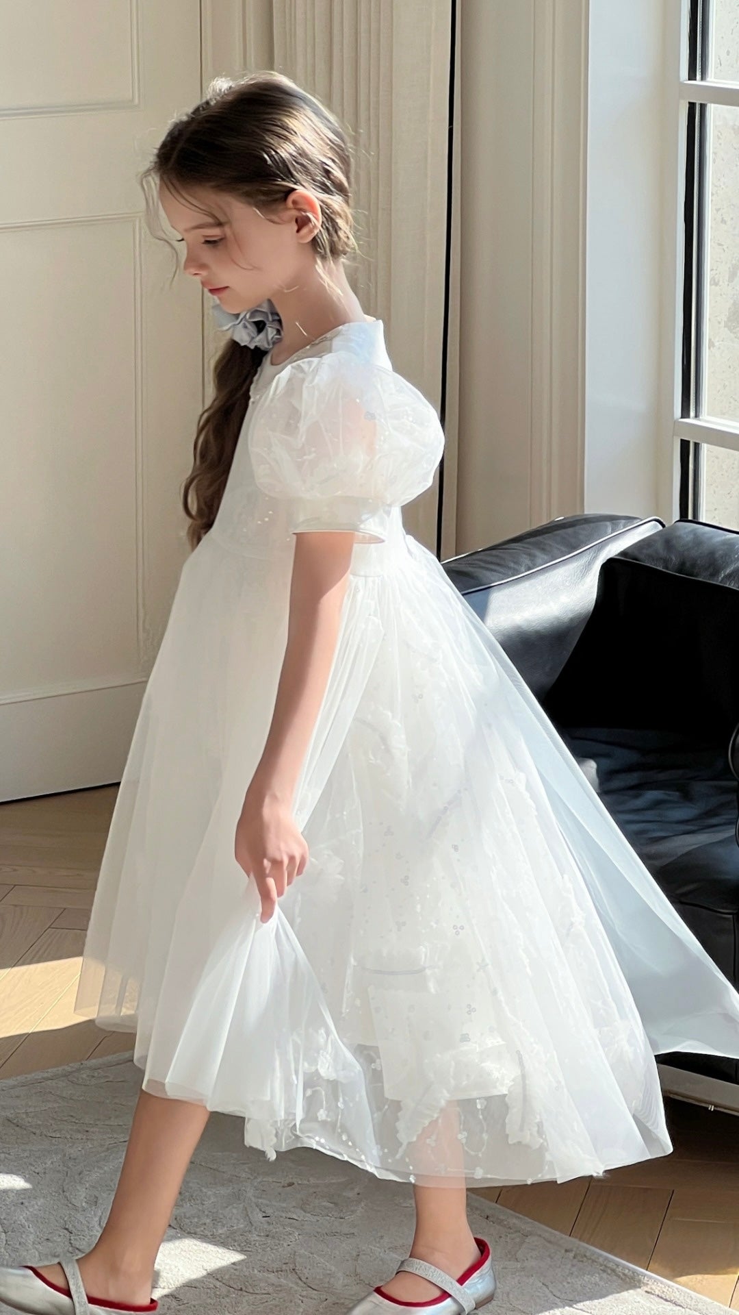 Girls White Layered Tulle Dress, Feather Bloom