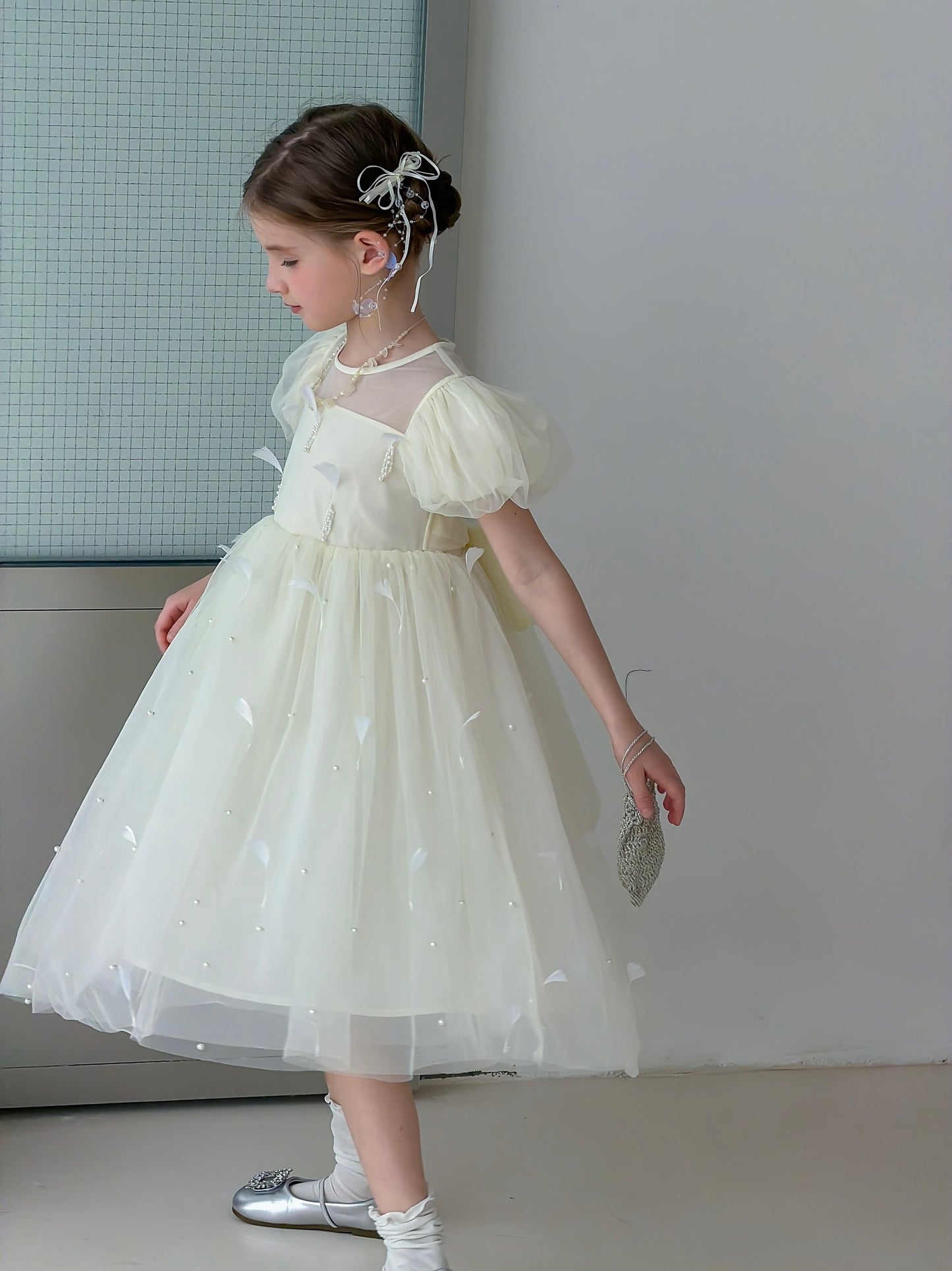 Mooncream Feather Pearl Tulle Dress