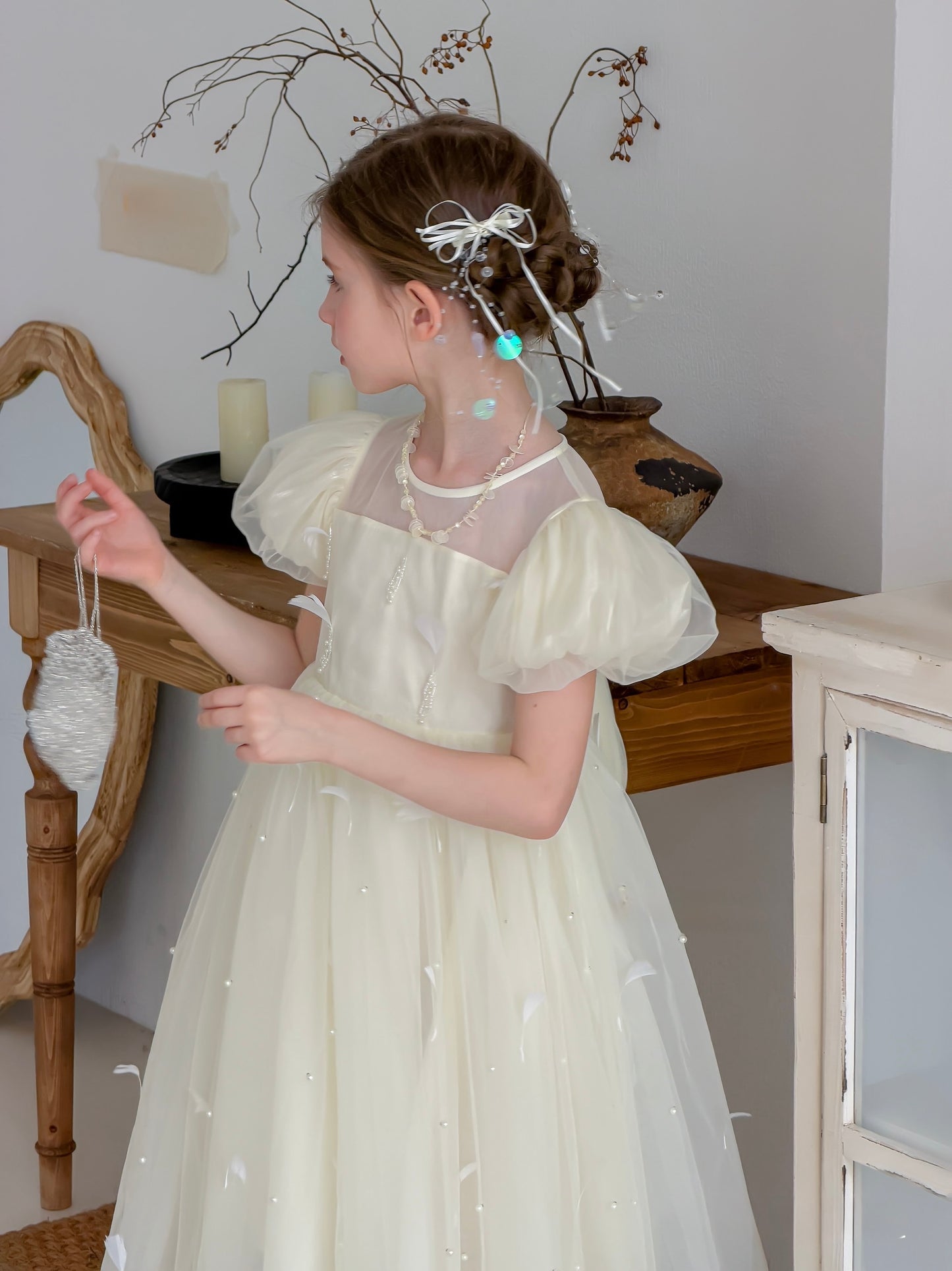 Mooncream Feather Pearl Tulle Dress
