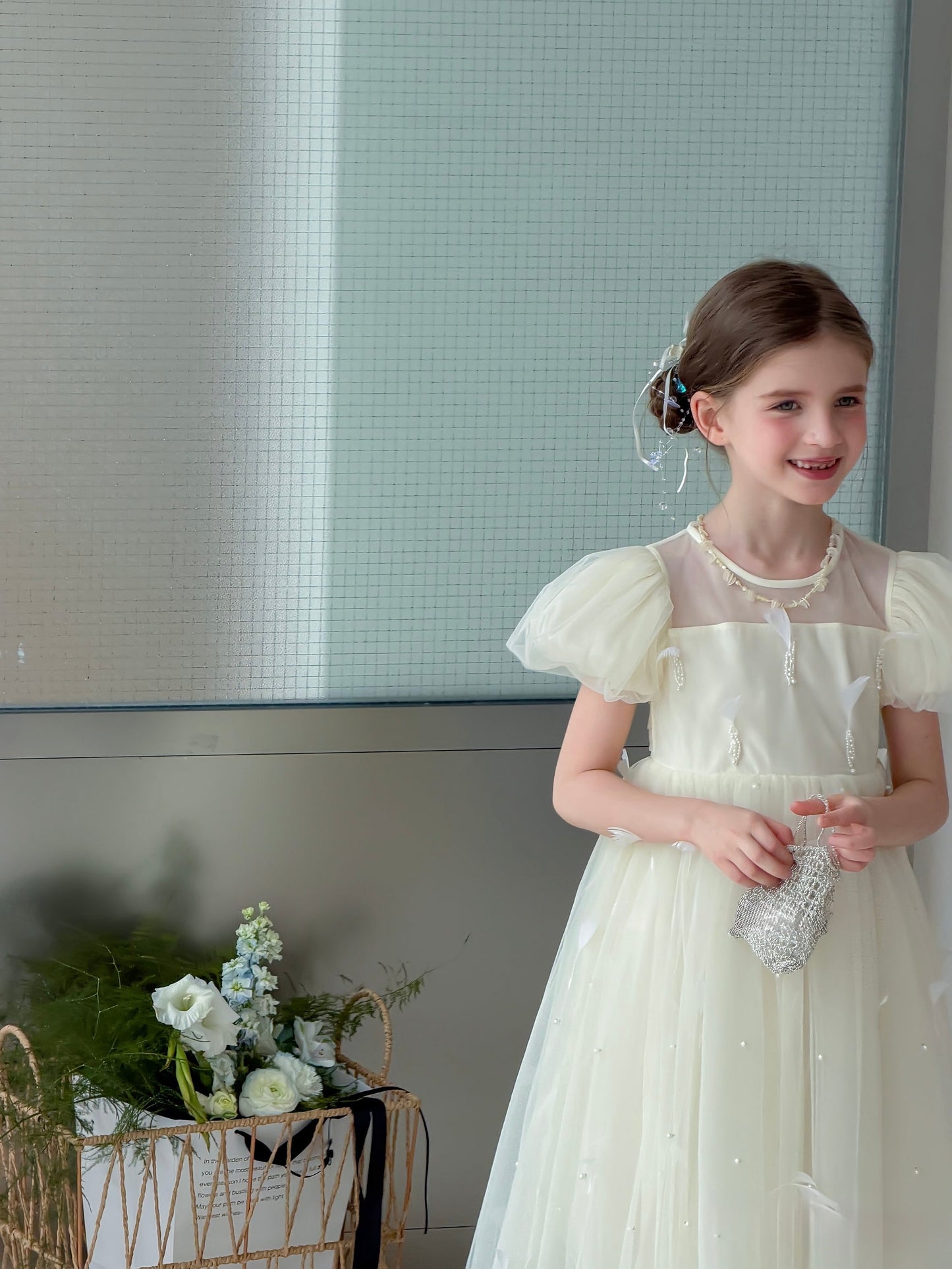 Mooncream Feather Pearl Tulle Dress