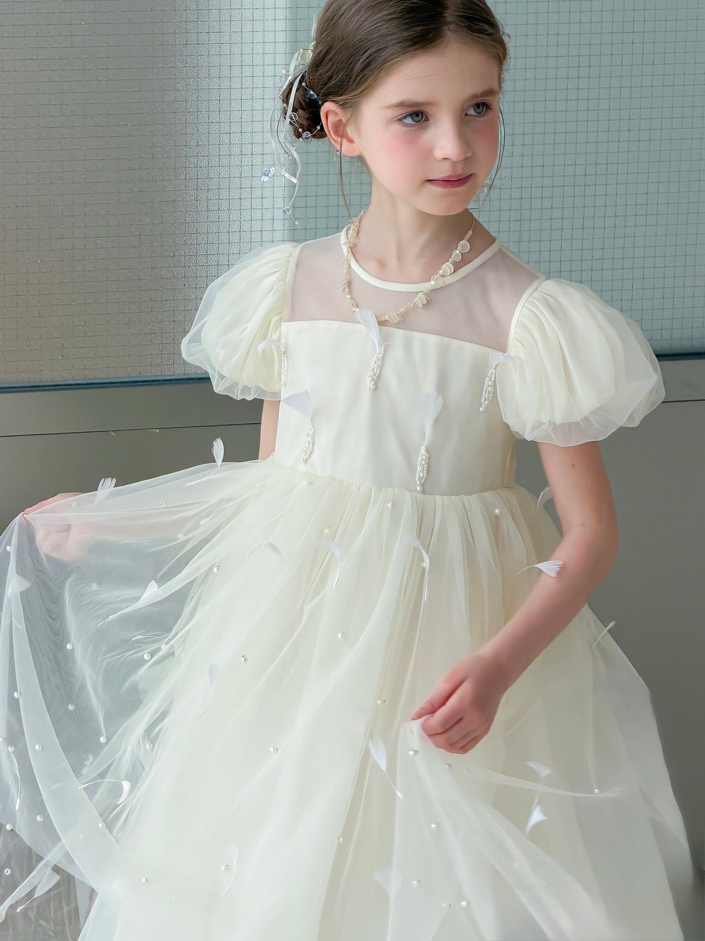Mooncream Feather Pearl Tulle Dress