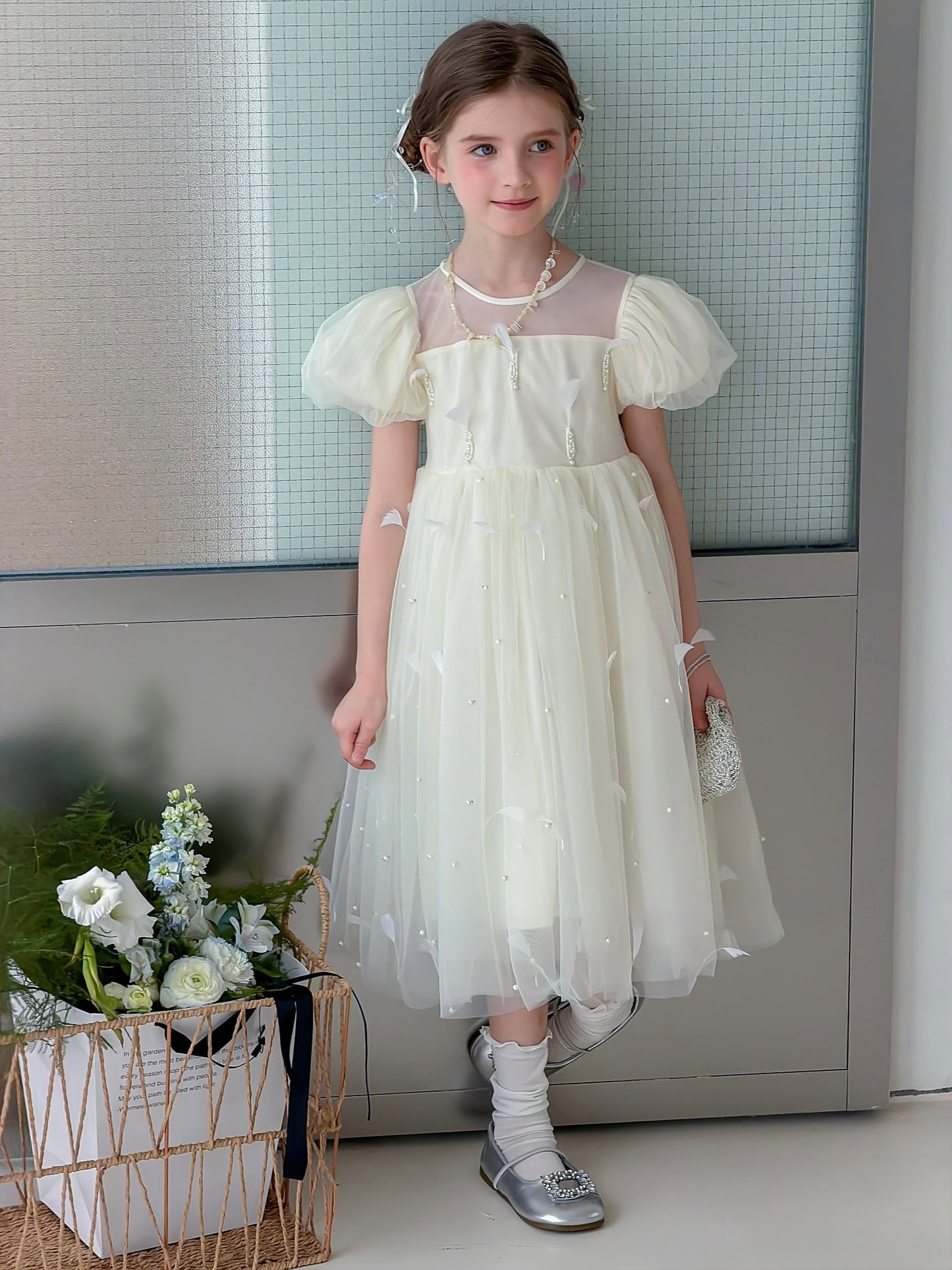 Mooncream Feather Pearl Tulle Dress