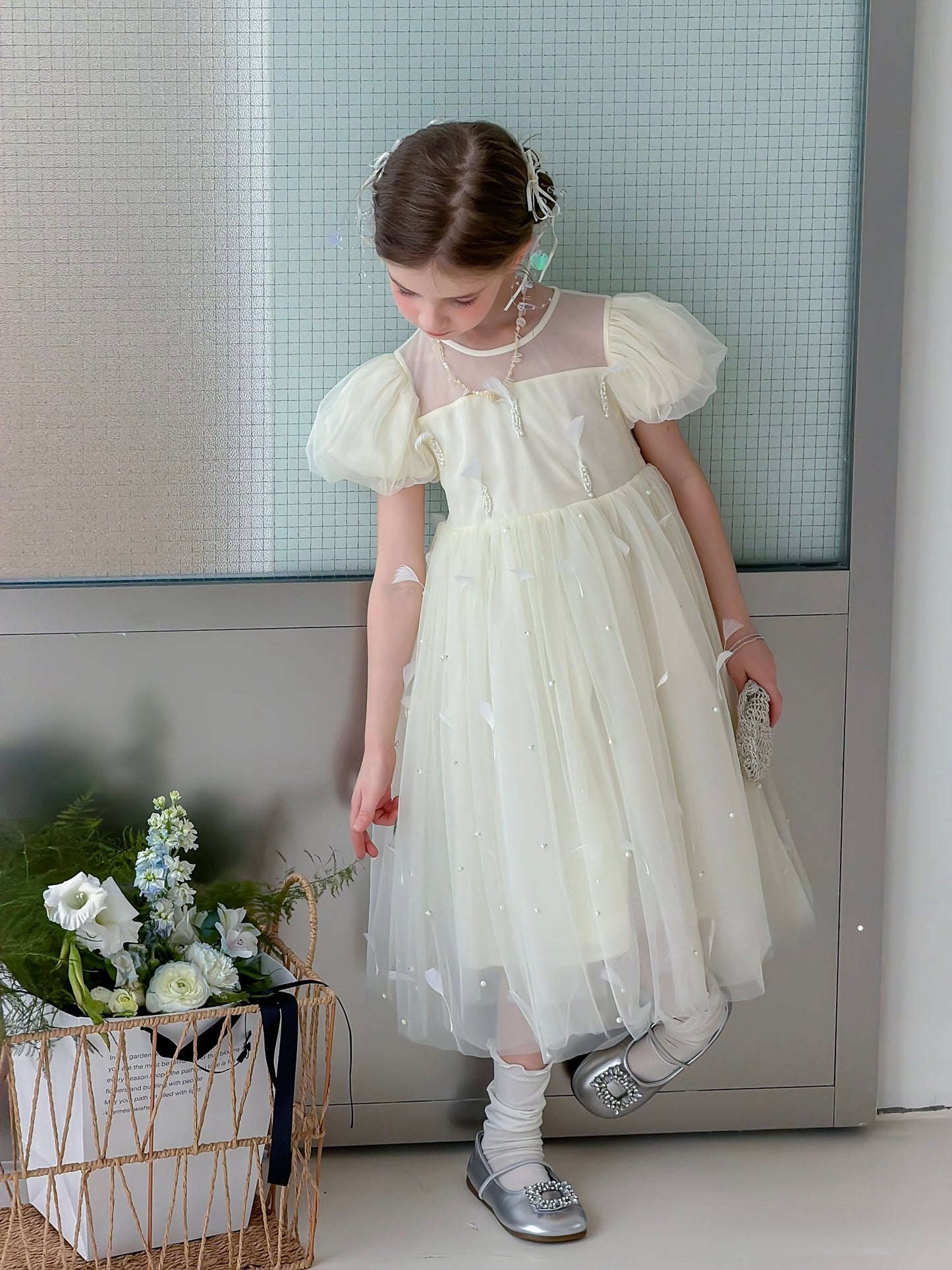 Mooncream Feather Pearl Tulle Dress
