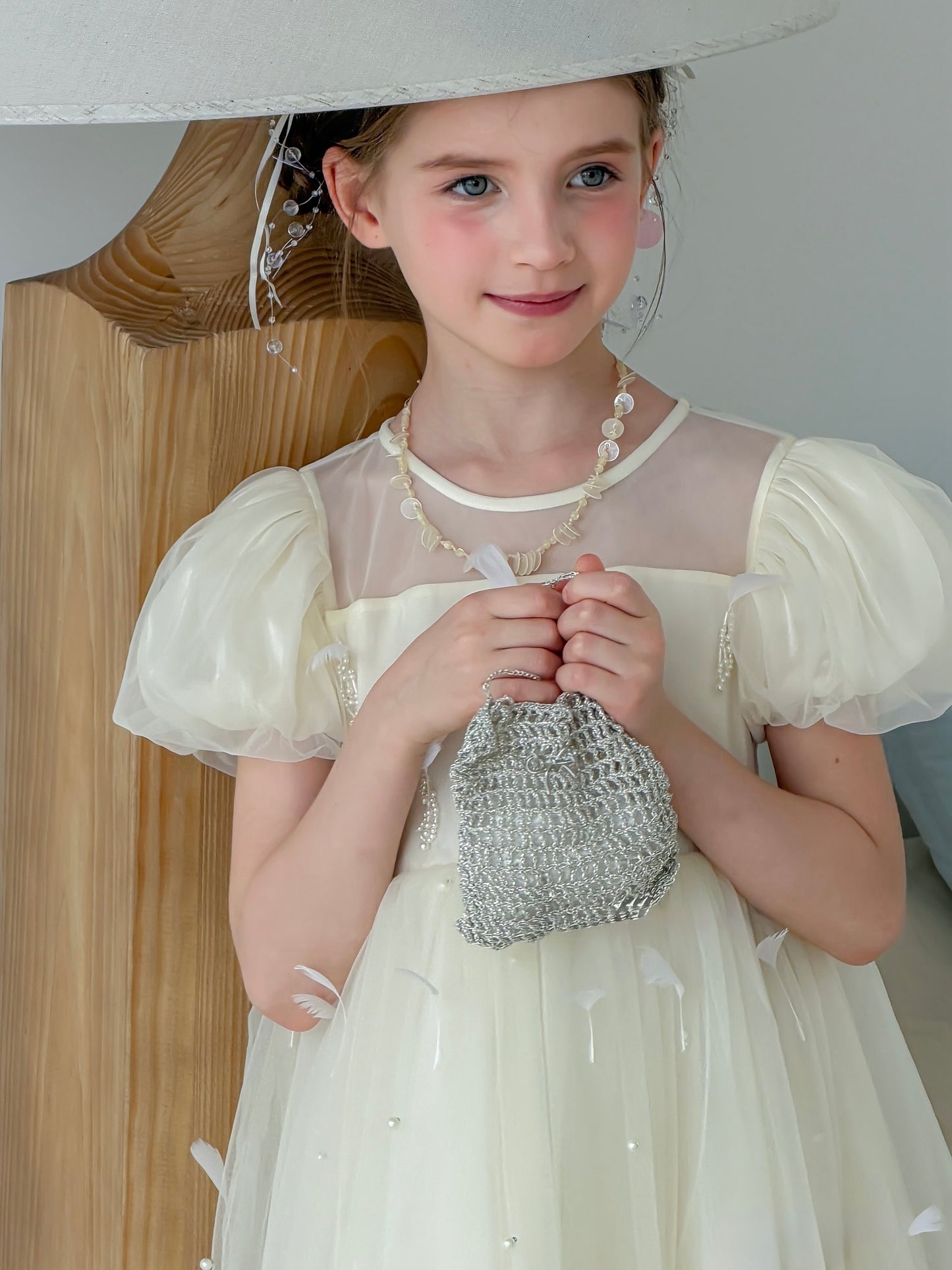 Mooncream Feather Pearl Tulle Dress