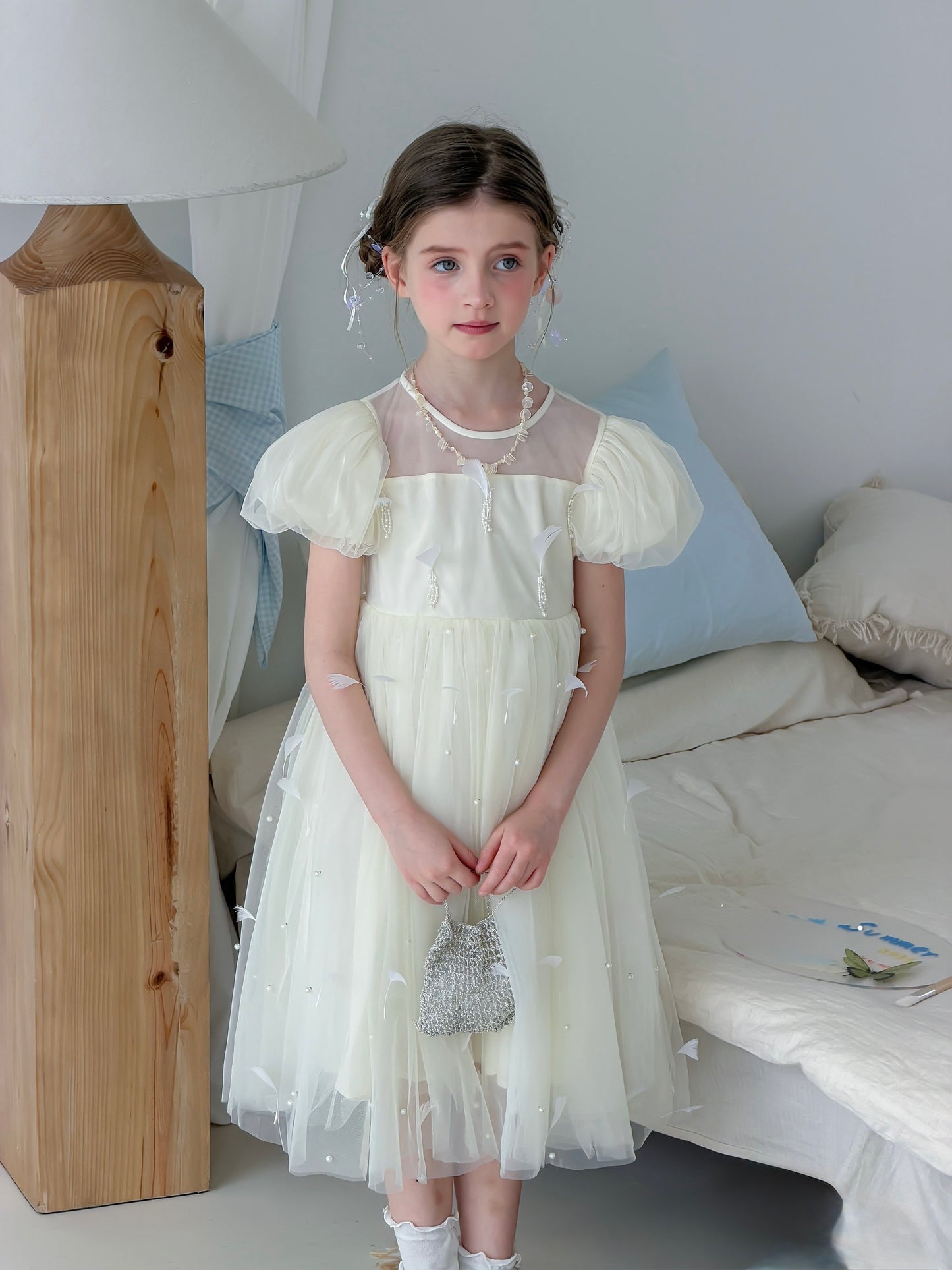 Mooncream Feather Pearl Tulle Dress