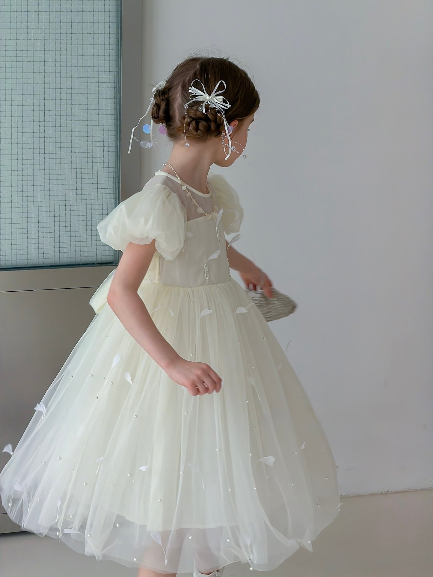 Mooncream Feather Pearl Tulle Dress