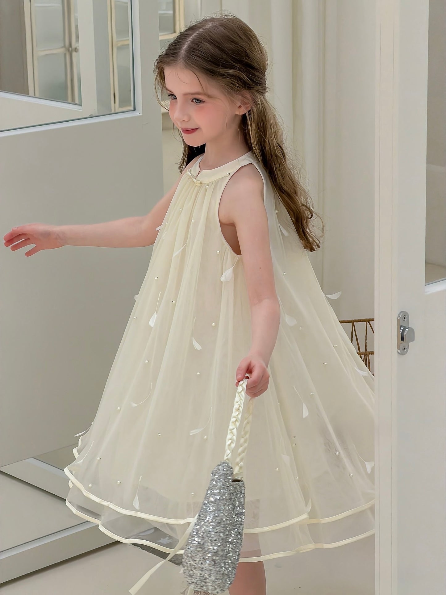 Champagne Lemon Feather Pearl Tulle Dress