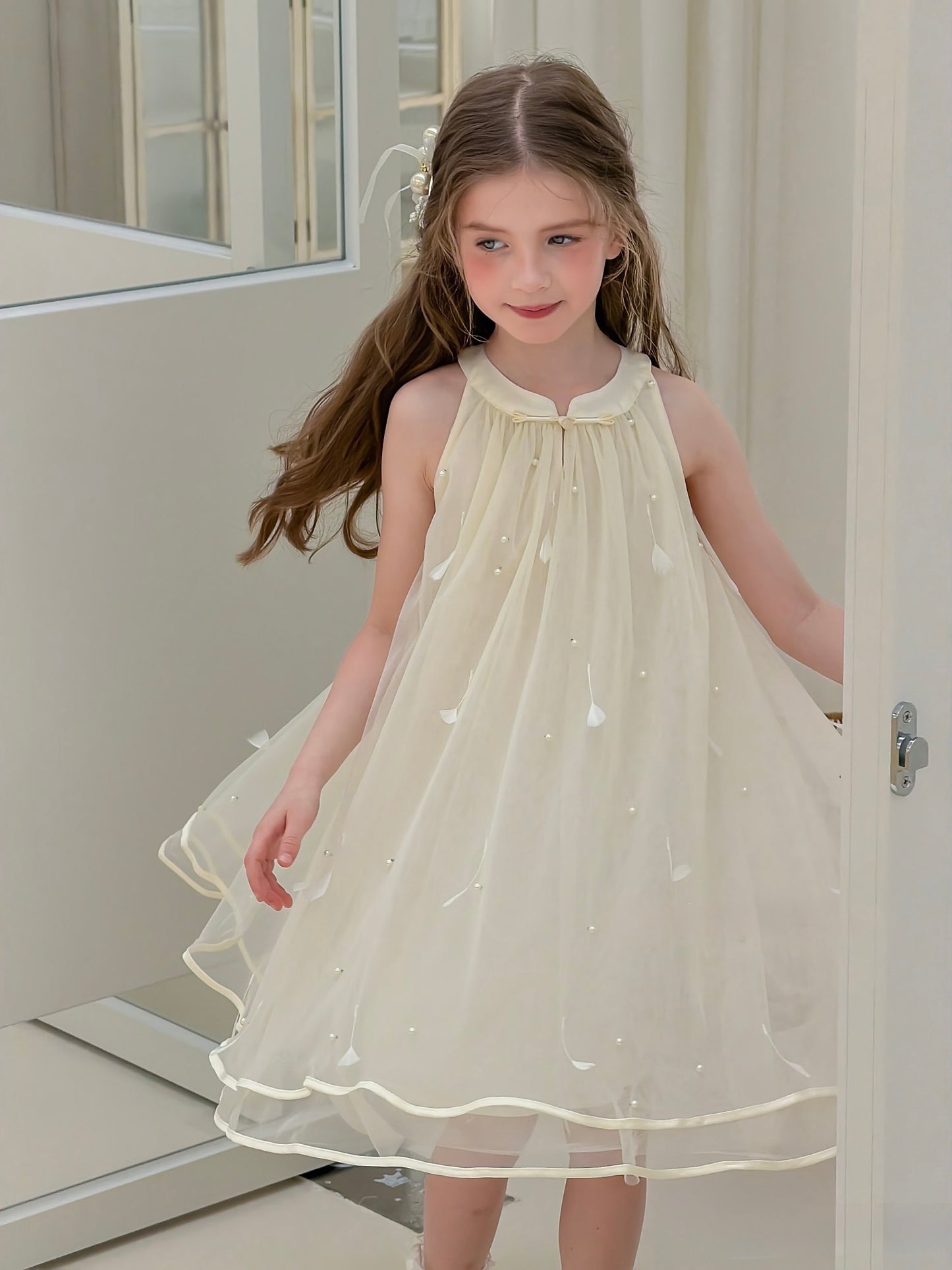 Champagne Lemon Feather Pearl Tulle Dress