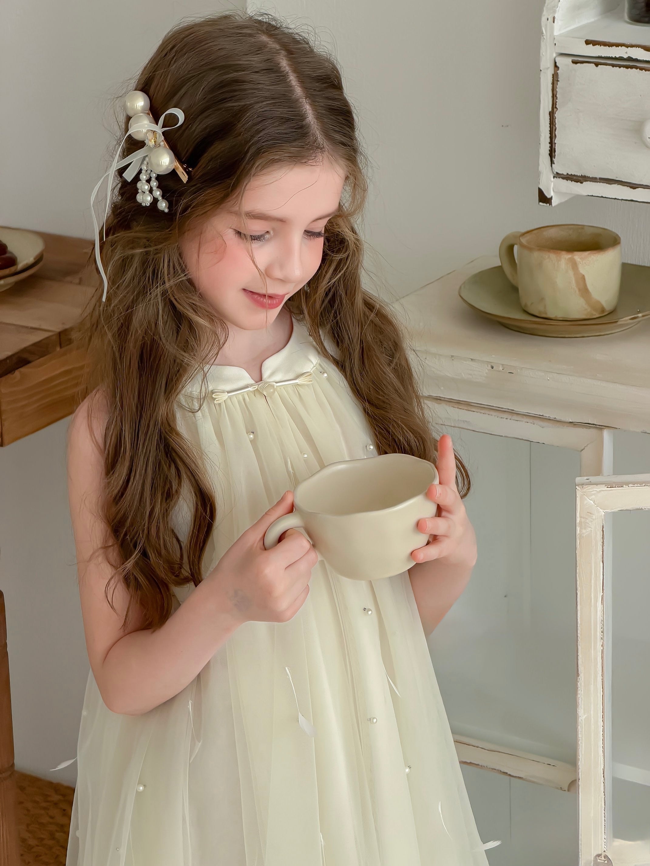 Champagne Lemon Feather Pearl Tulle Dress