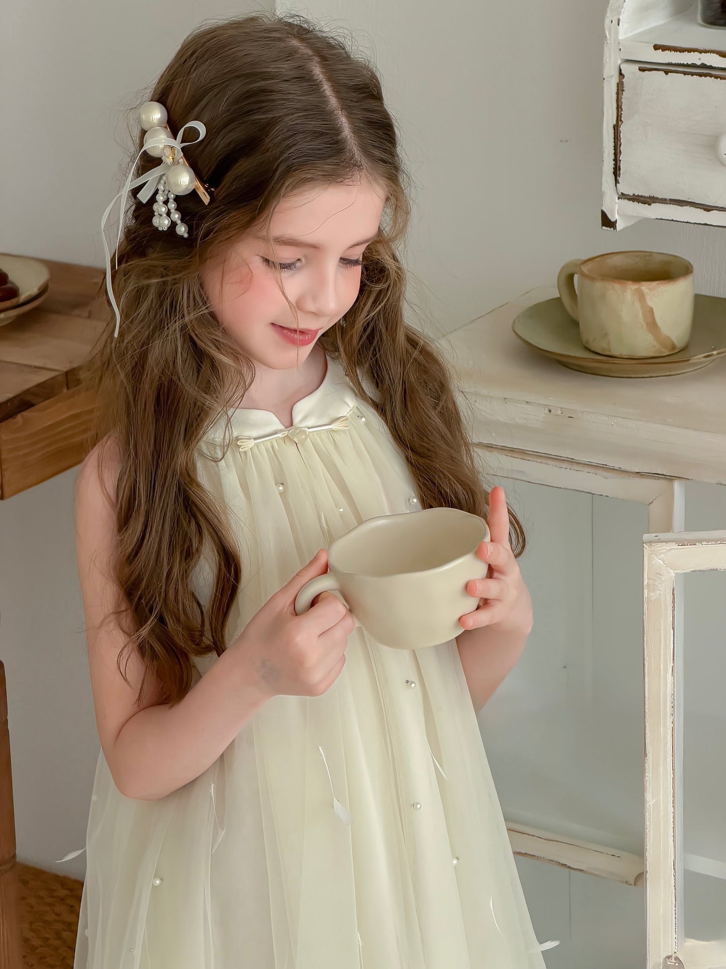 Champagne Lemon Feather Pearl Tulle Dress