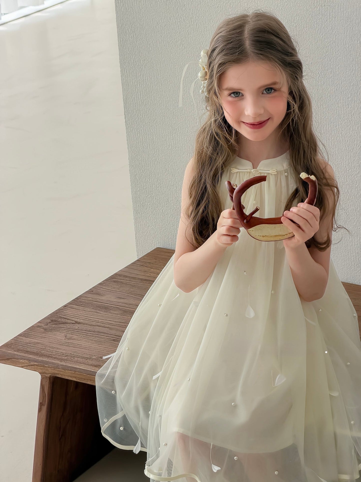 Champagne Lemon Feather Pearl Tulle Dress