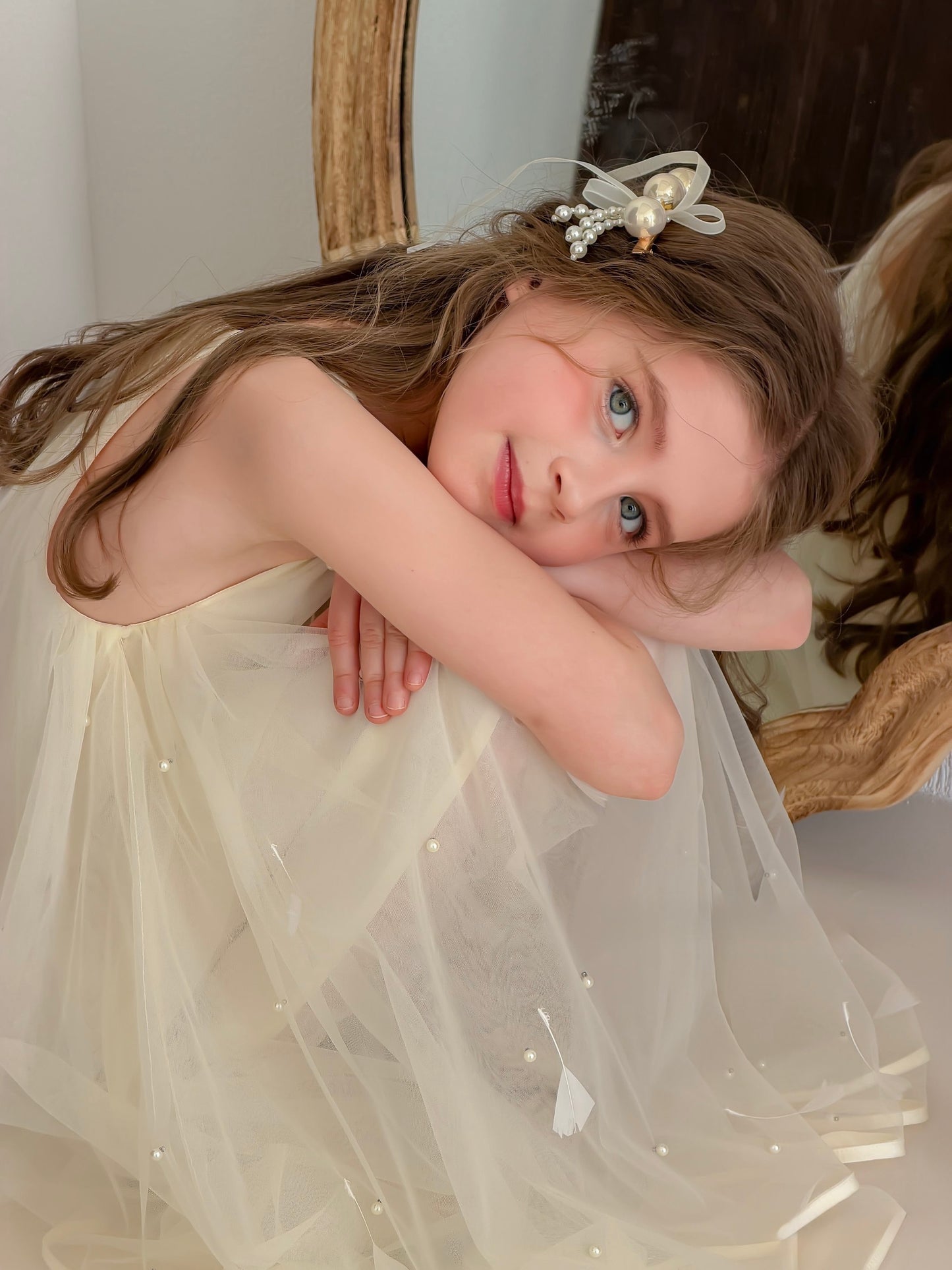 Champagne Lemon Feather Pearl Tulle Dress