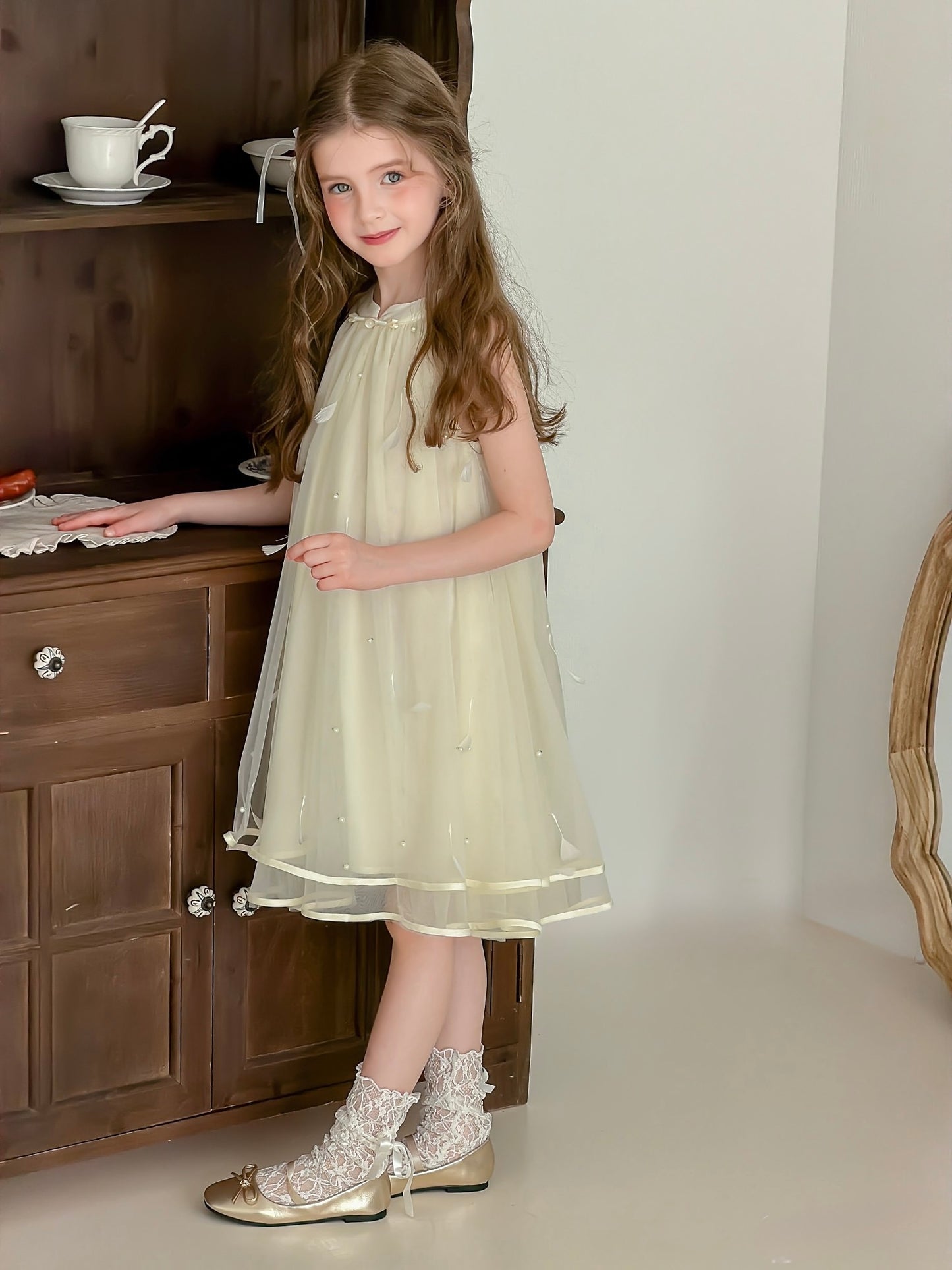 Champagne Lemon Feather Pearl Tulle Dress