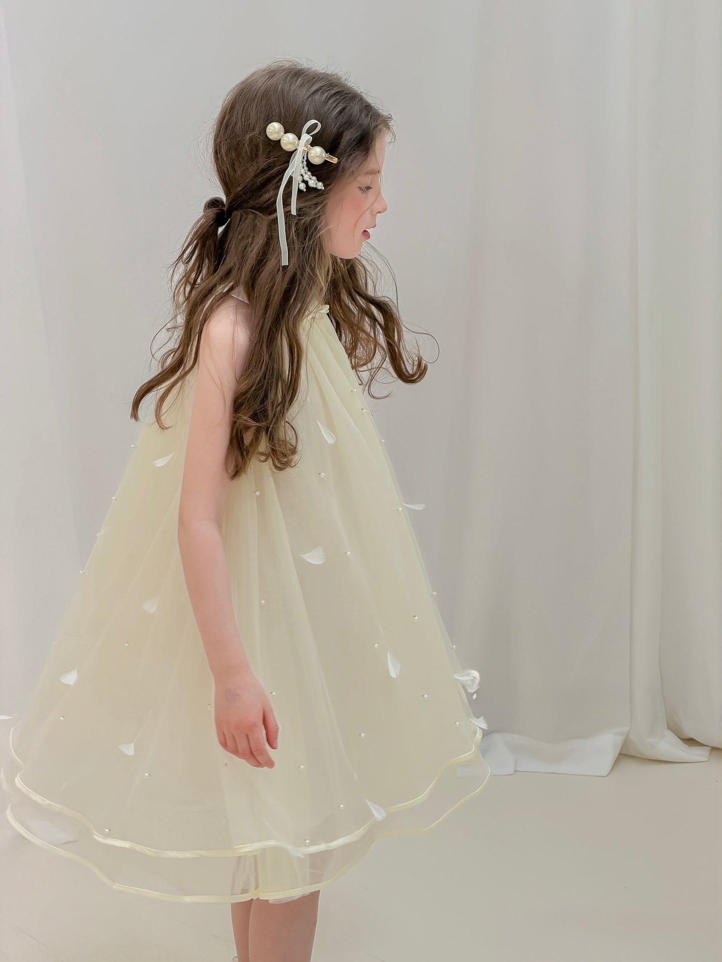 Champagne Lemon Feather Pearl Tulle Dress