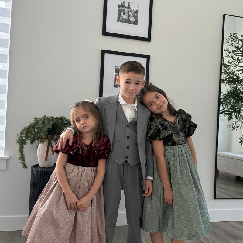 Girls Velvet Puff Sleeve Dress with Rhinestone Trim -  Forest Green