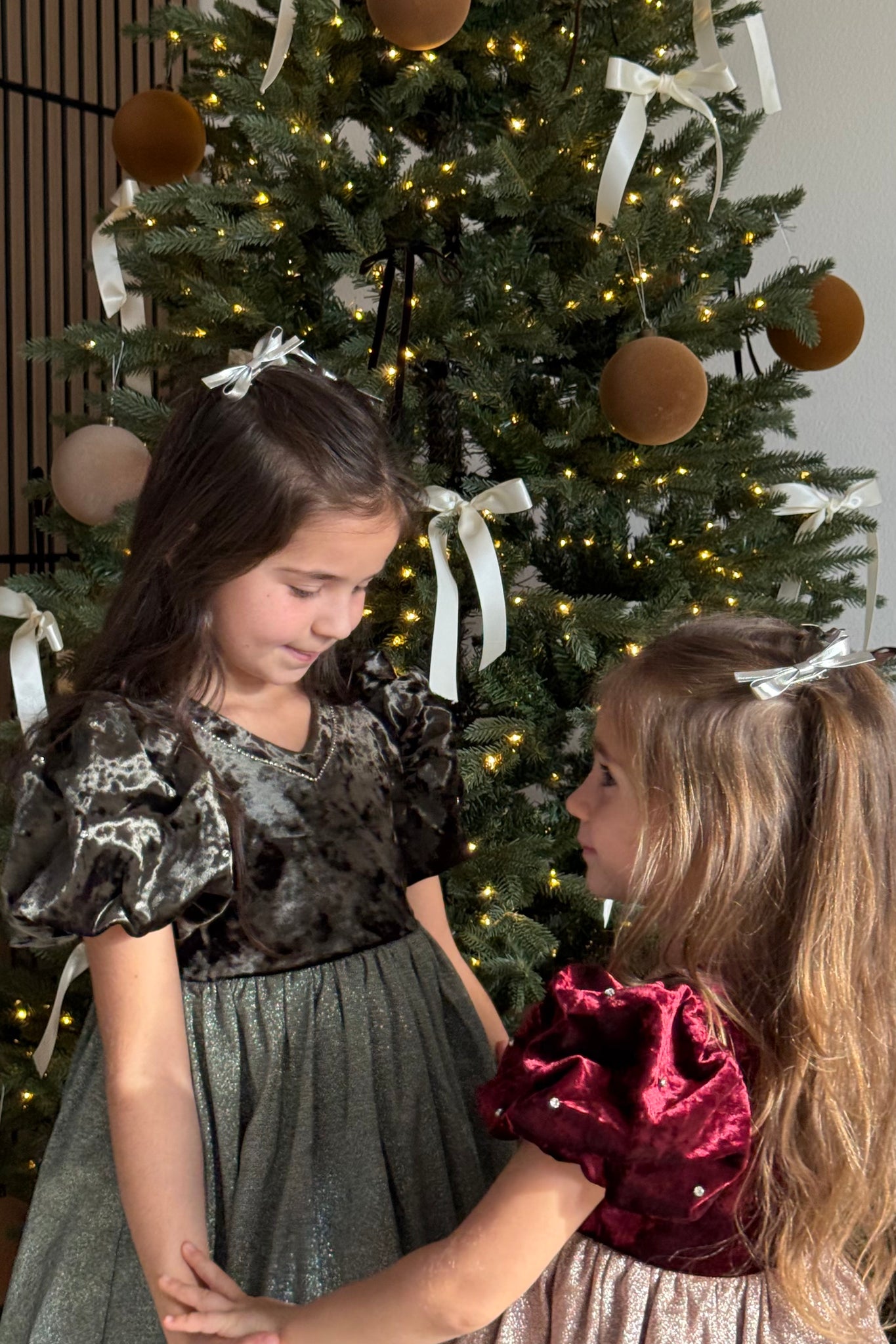 Girls Velvet Puff Sleeve Dress with Rhinestone Trim -  Forest Green