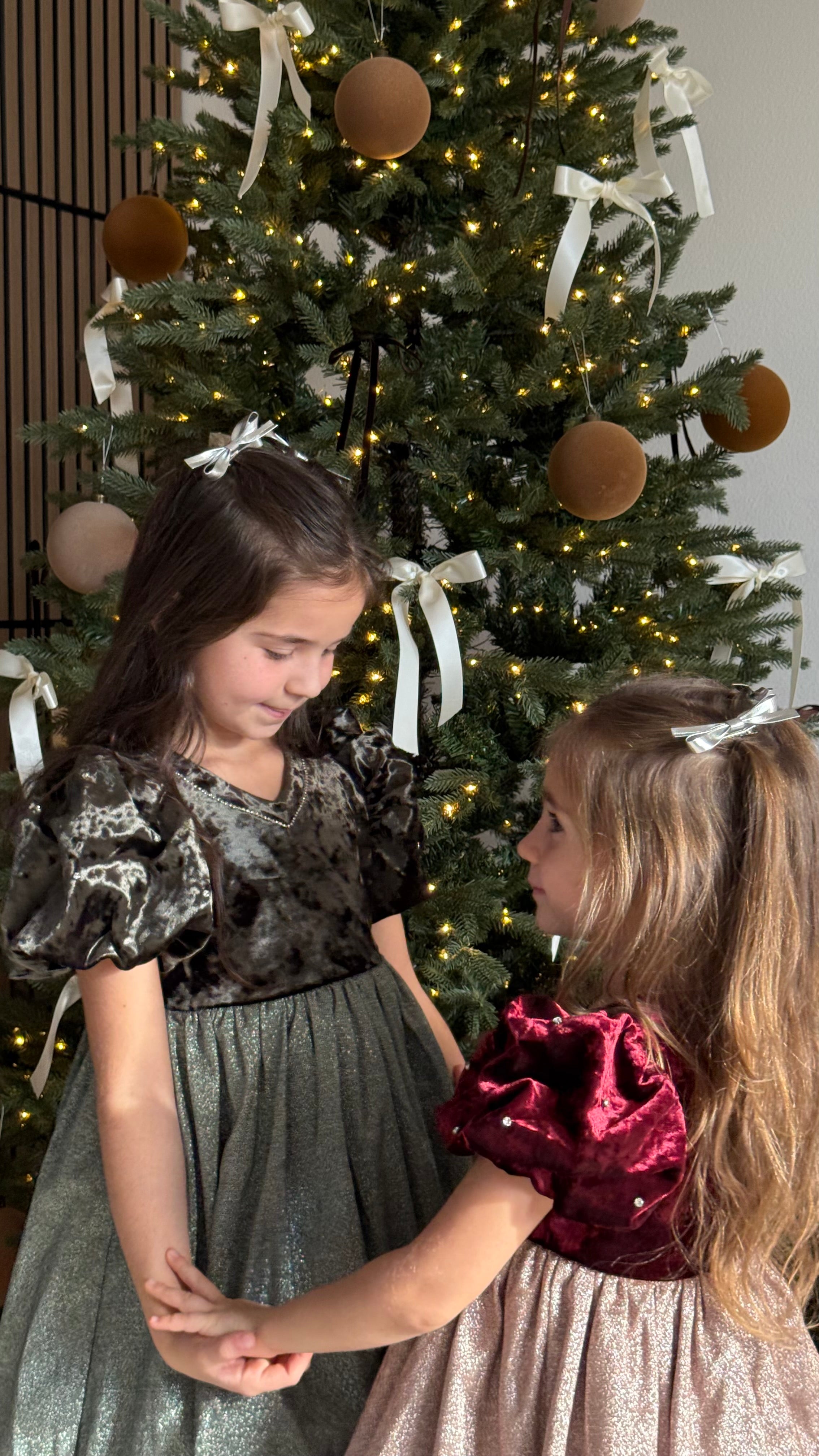 Girls Velvet Puff Sleeve Dress with Rhinestone Trim -  Forest Green