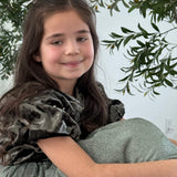 Girls Velvet Puff Sleeve Dress with Rhinestone Trim -  Forest Green