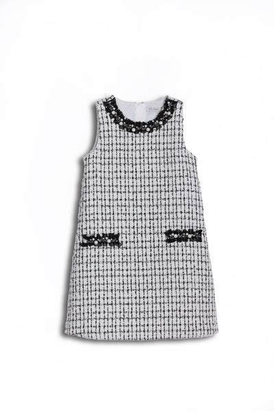 Girls Tweed Dress – Black & White Checkered Pearl