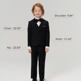 A young boy wears the KIKI and JOJO Noir Bloom Suit Jacket; chest, hip, shoulder, and waist measurements are labeled. Model is 48.03" tall, 44.09 lb, and wears size 6-7 years.