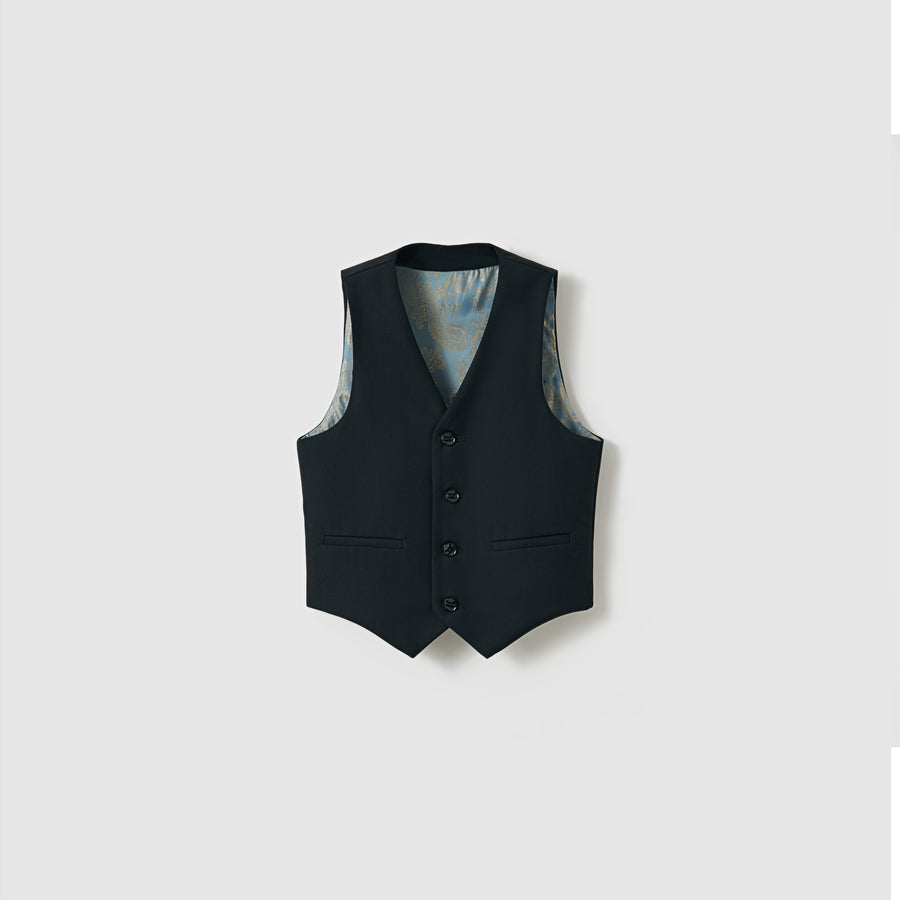 The Noir Bloom Suit Vest by KIKI and JOJO is a tailored boys' black vest with three buttons and a light blue patterned lining, ideal for any formal wardrobe, shown here against a plain light gray background.