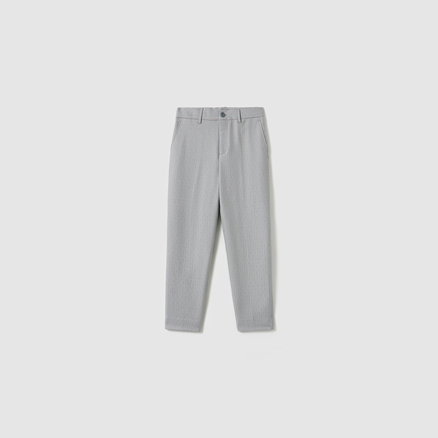 The Silver Bloom Suit Pants by KIKI and JOJO are light grey, straight-leg boys’ suit pants with pinstripes, button and zip closure, front pleats, and side pockets, shown against a plain white background.