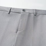 Close-up of KIKI and JOJO Silver Bloom Suit Pants for boys, featuring belt loops, button closure, subtle vertical pinstripes, and an adjustable waistband, shown on a white background.
