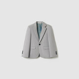 The KIKI and JOJO Silver Bloom Suit Jacket features light gray stripes, black buttons, two front pockets, and a chest pocket—ideal for boys’ formal wear. Displayed on a plain white background.