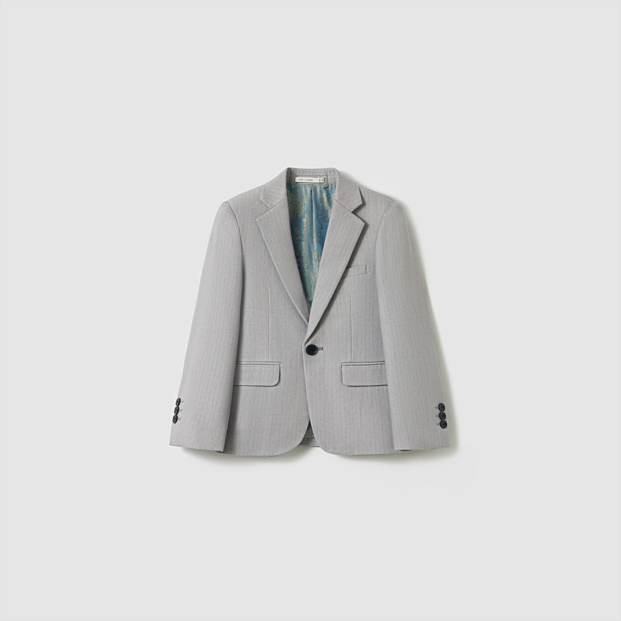 The KIKI and JOJO Silver Bloom Suit Jacket features light gray stripes, black buttons, two front pockets, and a chest pocket—ideal for boys’ formal wear. Displayed on a plain white background.