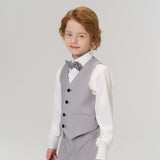 A young child with red hair wears the KIKI and JOJO Silver Bloom Suit Vest, paired with a light gray suit and white shirt, standing against a plain light background.