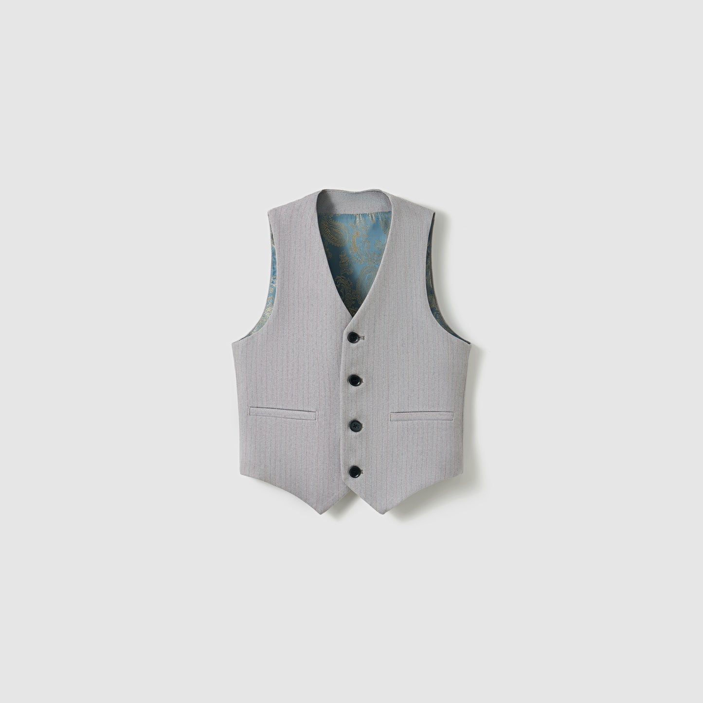 The Silver Bloom Suit Vest by KIKI and JOJO is a light grey boys' formal vest featuring subtle black buttons and two front pockets, shown flat against a simple light background.