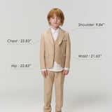 A young boy models the KIKI and JOJO Savoy Dune Suit Vest in khaki beige, facing forward with chest, hip, shoulder, and waist measurements labeled—ideal for special occasions. Model's height, weight, and age are shown below.