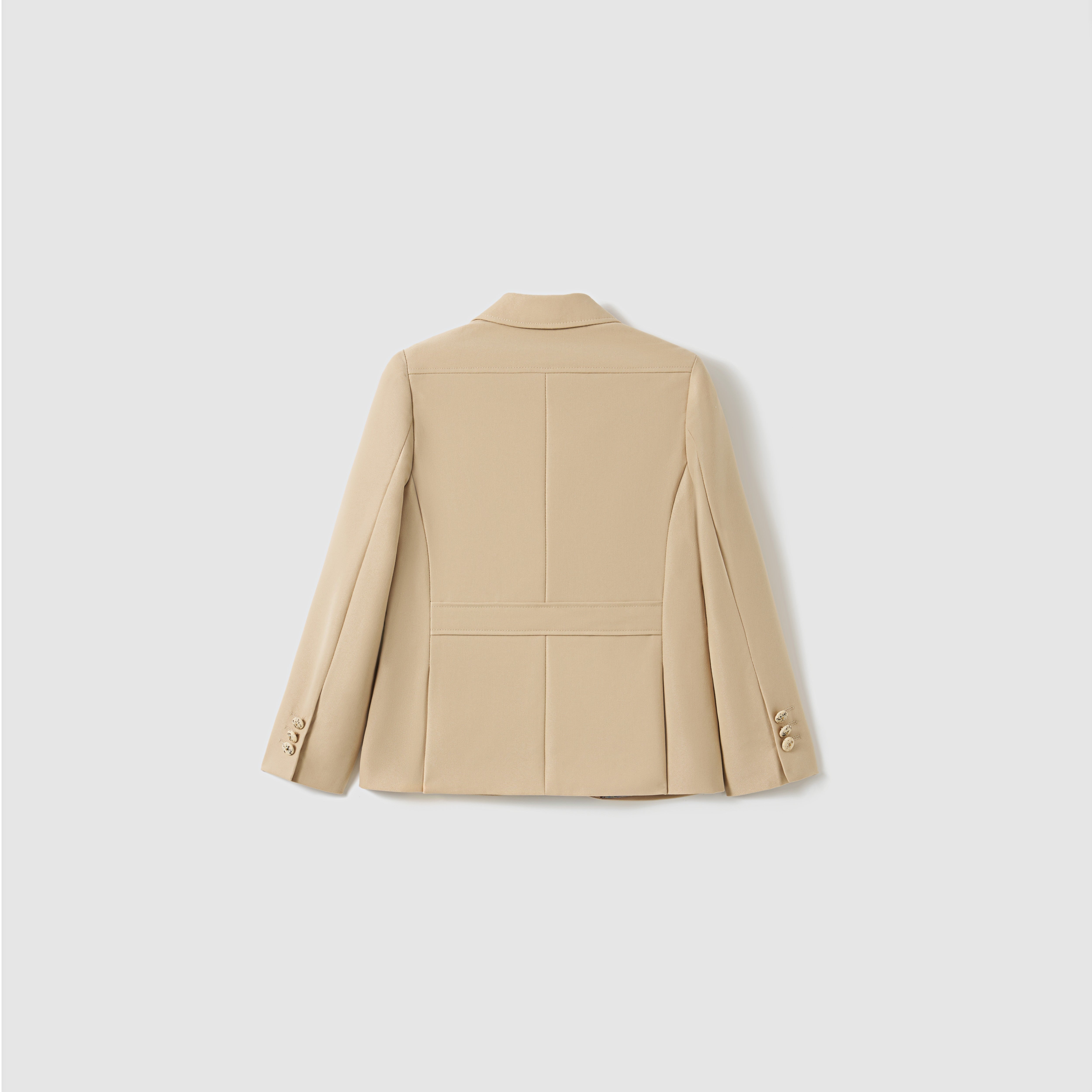 The KIKI and JOJO Savoy Dune Suit Jacket, a tailored khaki boys blazer, is shown from the back against a plain light gray background.
