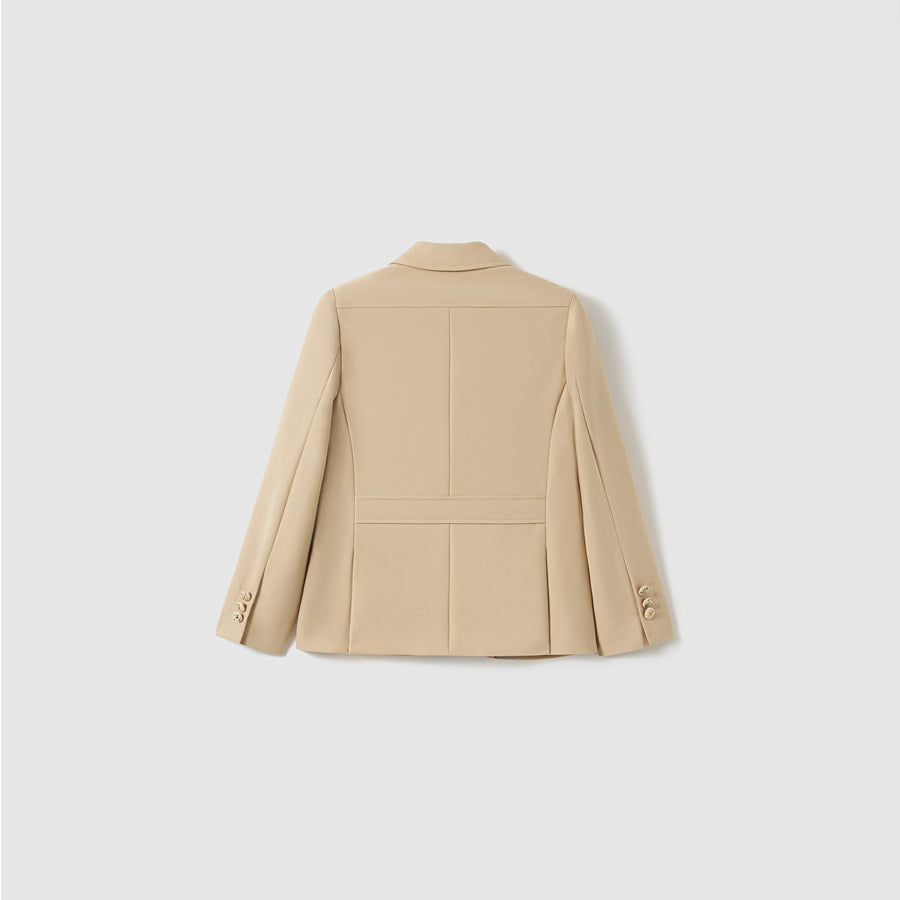 The KIKI and JOJO Savoy Dune Suit Jacket, a tailored khaki boys blazer, is shown from the back against a plain light gray background.