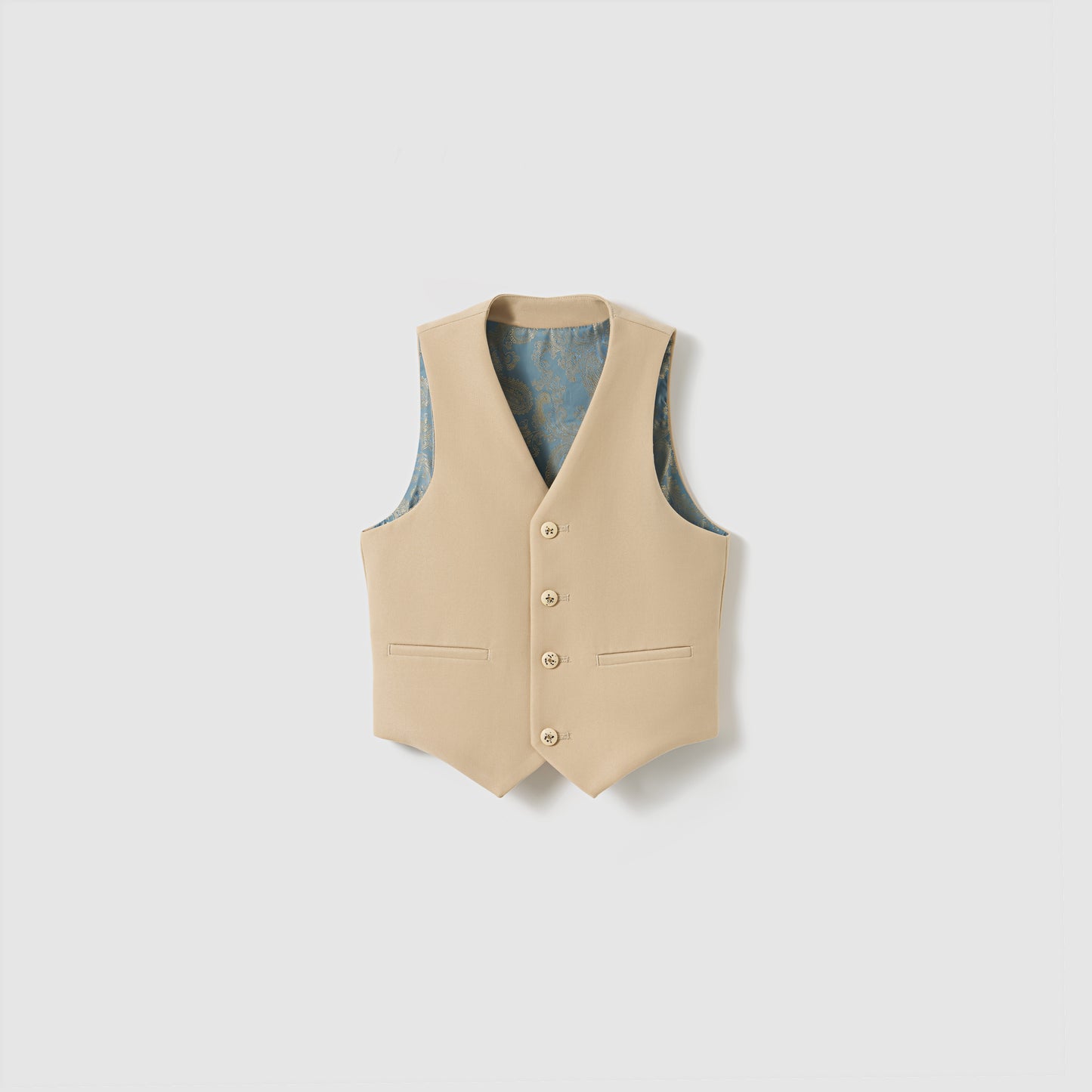 The Savoy Dune Suit Vest by KIKI and JOJO is a khaki beige boys' vest with a blue patterned inner lining, ideal for special occasions, shown against a plain light gray background.