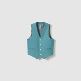 The Celeste Whimsy Suit Vest by KIKI and JOJO, a boys' peacock blue sleeveless vest with three white buttons and two pockets, is displayed against a plain white background.