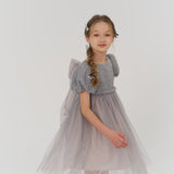 A young girl with long braided hair adorned with KIKI and JOJO’s Girls Silver Bow Hair Clips (set of 2) wears a light purple tulle dress with puffed sleeves and a large back bow, standing against a plain white background.