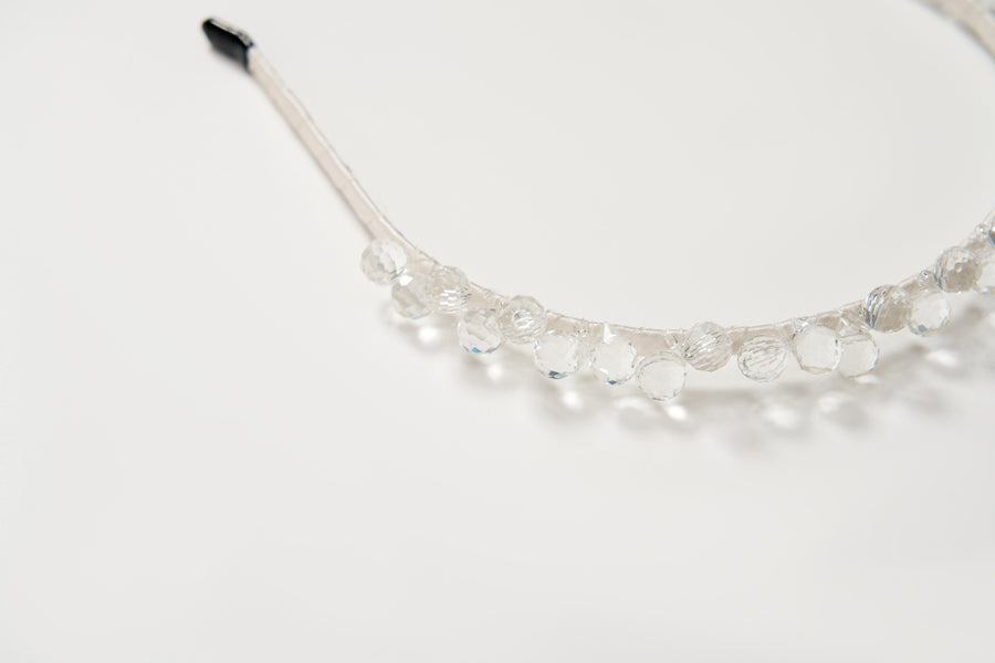 A close-up of the KIKI and JOJO Girls Crystal Bead Headband, featuring clear faceted beads, perfect as a flower girl accessory or birthday party hairpiece, displayed on a plain white background.