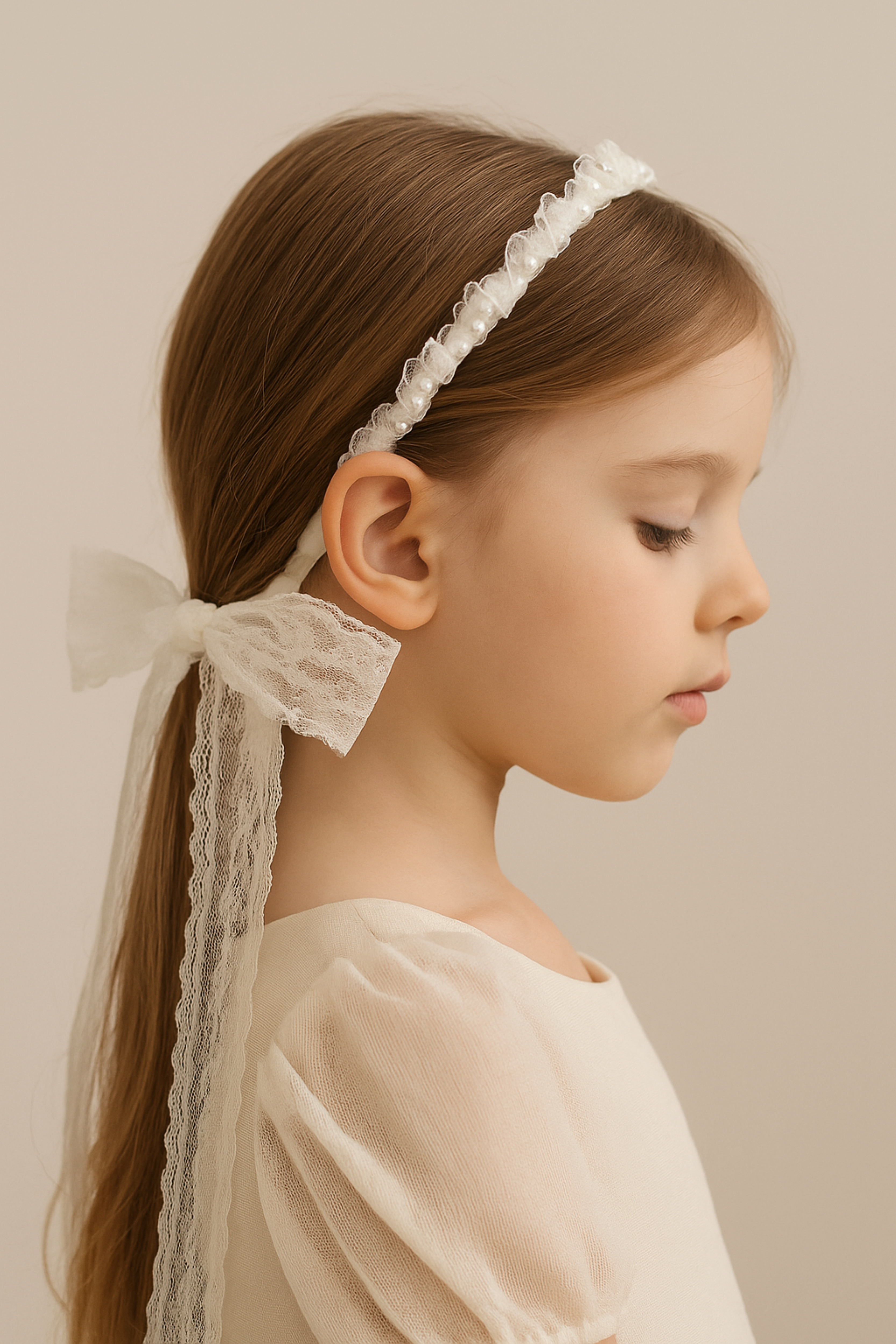 A young girl in a cream dress wears the KIKI and JOJO Girls Pearl Lace Ribbon Headband, featuring a large white lace bow, against a neutral background.