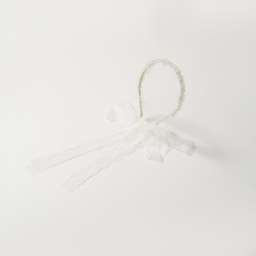 The KIKI and JOJO Girls Pearl Lace Ribbon Headband features white lace, a decorative bow, and two long lace ribbons—ideal for a flower girl accessory. Shown on a plain white background.